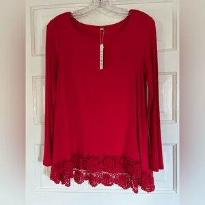 New With Tags! Elegant Red Lace Hem Long Sleeve Tunic by Qixing. Size Small